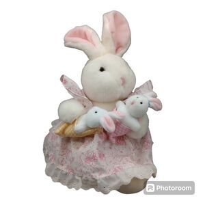 Commonwealth 1988 Vtg White Plush Bunny Rabbit Dress & Baby Bunnies 18" Easter